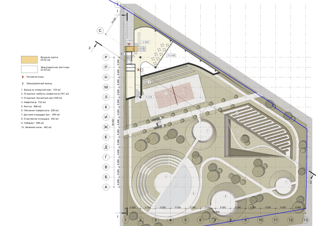 Housing complex with an underground parking garage on the Krasnopresnenskaya Embankment. Underground tennis courts. Plan of the basement floor at the 0.000 mark � Sergey Skuratov Architects