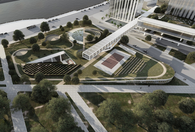 Housing complex with an underground parking garage on the Krasnopresnenskaya Embankment. Underground tennis courts. Perspective 1 � Sergey Skuratov Architects