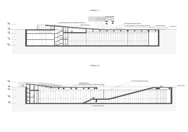 Housing complex with an underground parking garage on the Krasnopresnenskaya Embankment. Underground tennis courts. Section views � Sergey Skuratov Architects