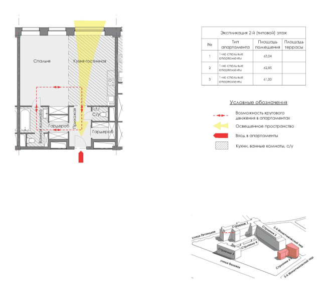 Contest project of renovating the First Exemplary Printing Works. Example of a studio apartment. Building 6. Plan of the 1st floor  ABV Group