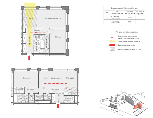 Contest project of renovating the First Exemplary Printing Works. Example of a double-room apartment. Building 6. Plan of the 1st floor  ABV Group