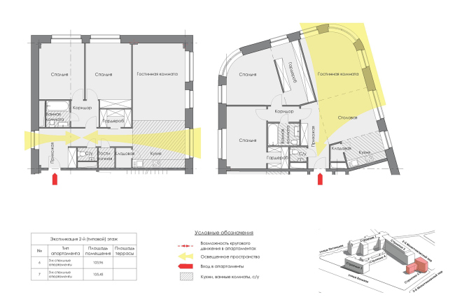 Contest project of renovating the First Exemplary Printing Works. Example of a 3-room apartment. Building 6. Plan of the 1st floor � ABV Group