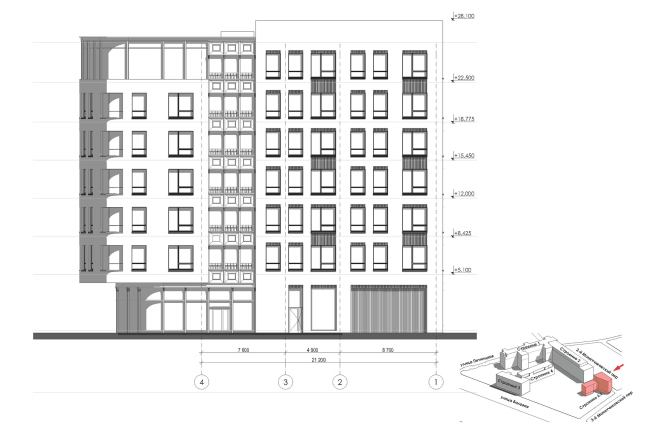 Contest project of renovating the First Exemplary Printing Works. Facade along the 2nd Monetchikovsky Alley. Building 6  ABV Group