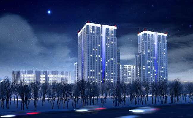 Multifunctional complex with apartments and a volleball arena. Night light. View from the Kutuzovsky Avenue  ABV Group