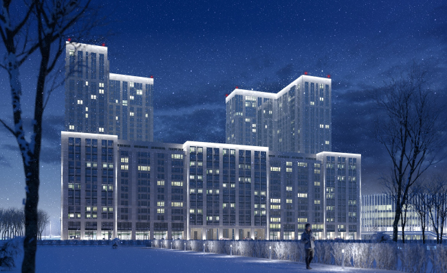 Multifunctional complex with apartments and a volleball arena. Night light. View 1 from the Vasilisy Kozhinoi Street � ABV Group
