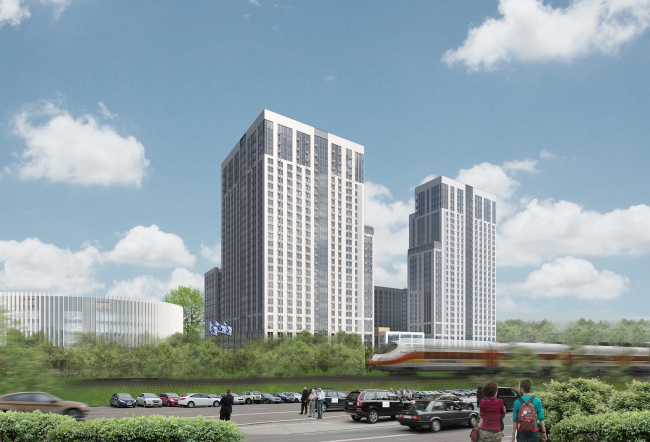 Multifunctional complex with apartments and a volleball arena. View from the Kutuzovsky Avenue backup highway. Visualization � ABV Group