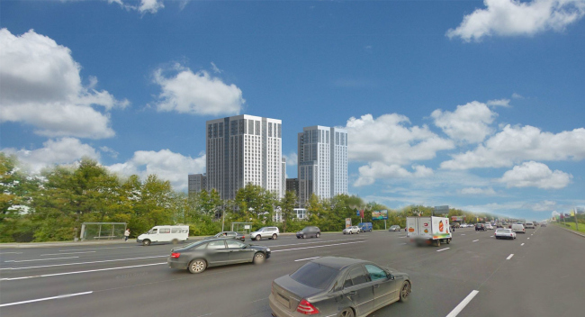 Multifunctional complex with apartments and a volleball arena. View from the Kutuzovsky Avenue. Visualization � ABV Group