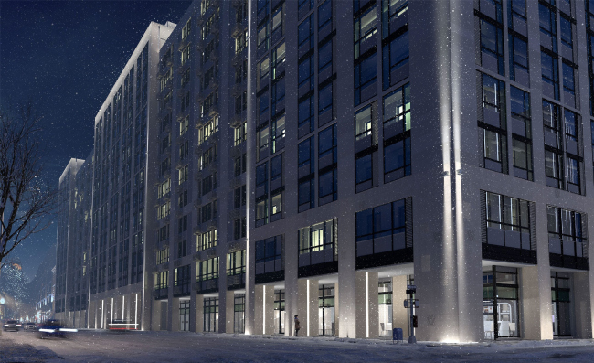 Multifunctional complex with apartments and a volleball arena. Night light. View 2 from the Vasilisy Kozhinoi Street � ABV Group