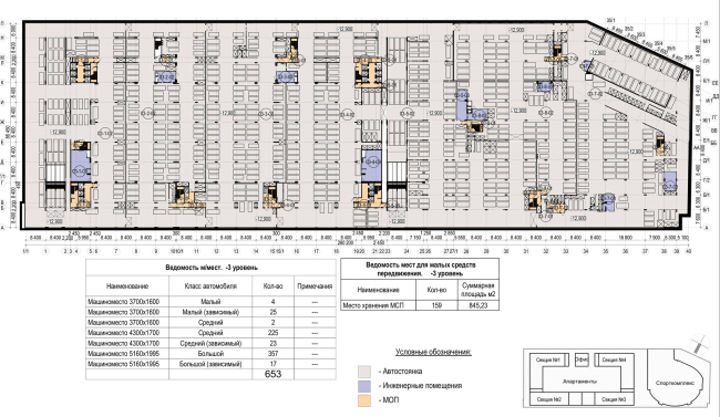 Multifunctional complex with apartments and a volleball arena. The plan of the -3rd level of the parkimg garage � ABV Group