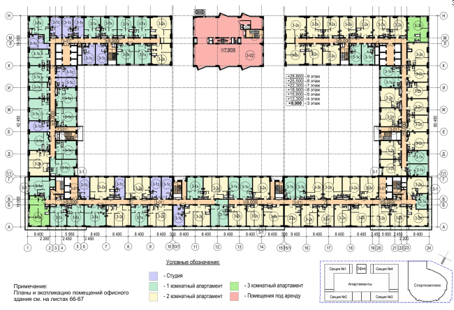 Multifunctional complex with apartments and a volleball arena. The plan of the standard (3-9) floor  ABV Group