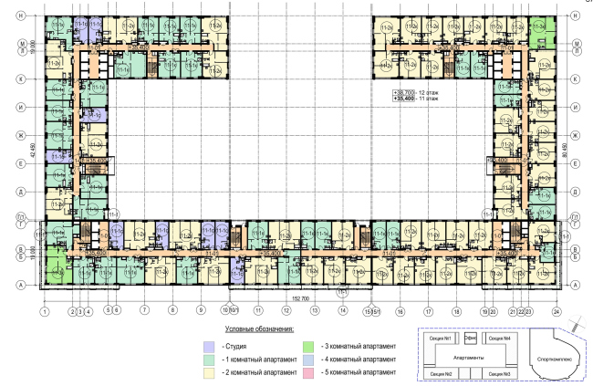 Multifunctional complex with apartments and a volleball arena. The plan of the standard (11-12) floor  ABV Group