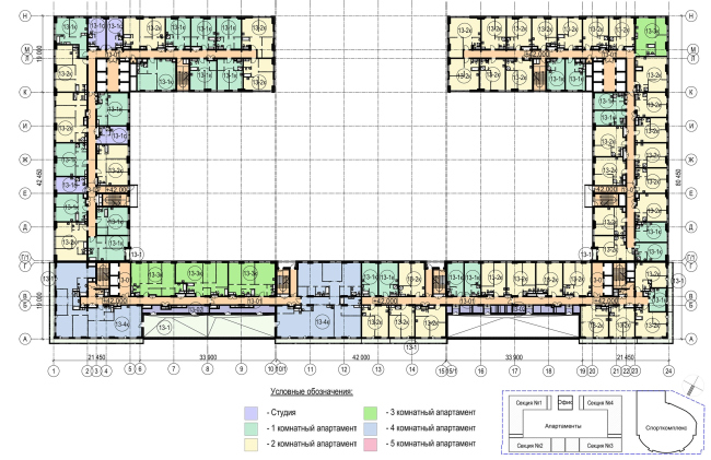 Multifunctional complex with apartments and a volleball arena. The plan of the 13th floor. Sports complex  ABV Group