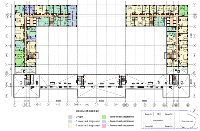 Многофункциональный комплекс с апартаментами и спортивной волейбольной ареной. План 14 этажа © Архитектурная мастерская «Группа АБВ»