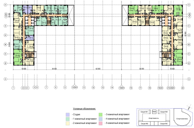 Multifunctional complex with apartments and a volleball arena. The plan of the 19th floor  ABV Group