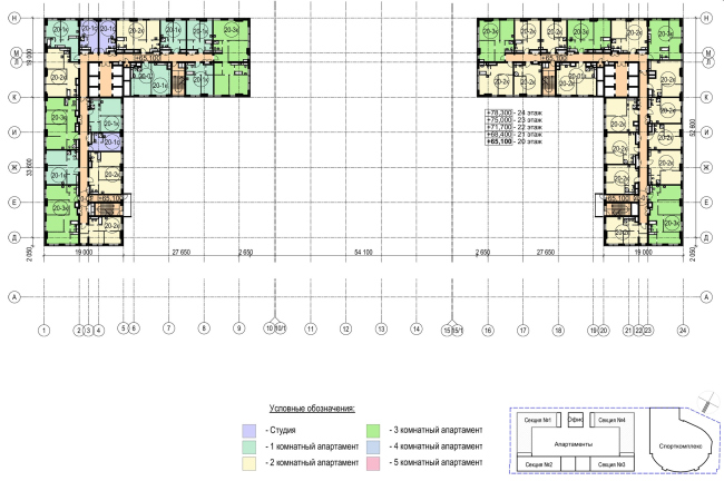 Multifunctional complex with apartments and a volleball arena. The plan of the standard (20-24) floor  ABV Group