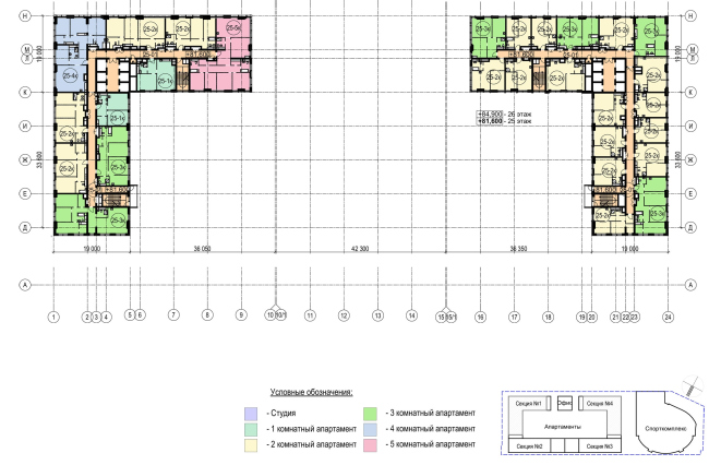 Multifunctional complex with apartments and a volleball arena. The plan of the standard (25-26) floor  ABV Group