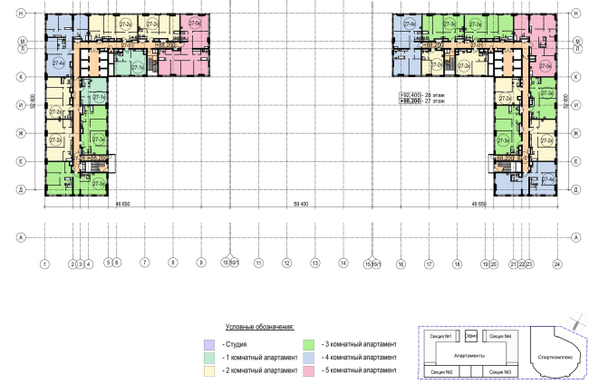 Multifunctional complex with apartments and a volleball arena. The plan of the standard (25-28) floor. Sports complex  ABV Group