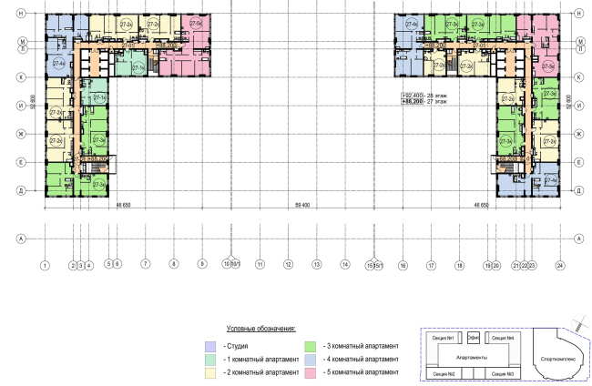 Multifunctional complex with apartments and a volleball arena. The plan of the standard (25-28) floor. Sports complex � ABV Group