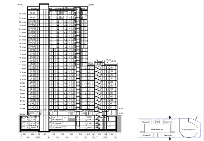 Multifunctional complex with apartments and a volleball arena. Section 1-1  ABV Group