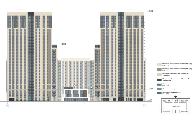 Multifunctional complex with apartments and a volleball arena. The facade in axes 24-1. Sports complex  ABV Group