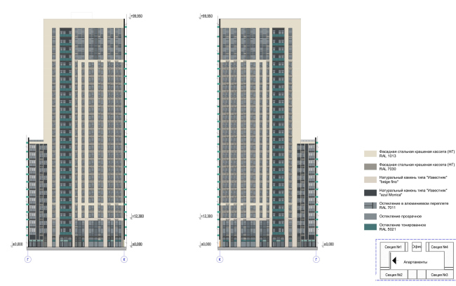 Multifunctional complex with apartments and a volleball arena. Facade in axes -  ABV Group