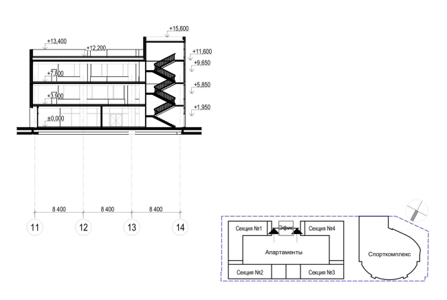 Multifunctional complex with apartments and a volleball arena. Section 3-3  ABV Group