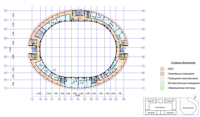 Multifunctional complex with apartments and a volleball arena. The plan of the 4th floor. Sports complex  ABV Group