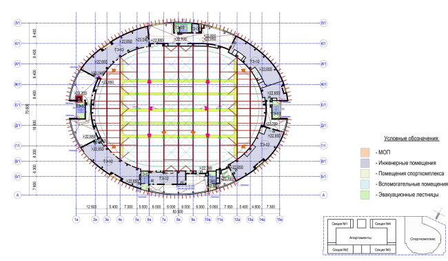 Multifunctional complex with apartments and a volleball arena. The plan of the maintenance floor. Sports complex  ABV Group