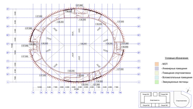 Multifunctional complex with apartments and a volleball arena. The plan of the roof. Sports complex  ABV Group