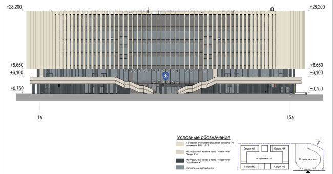 Multifunctional complex with apartments and a volleball arena. The facade in axes 1a-15a. Sports complex  ABV Group