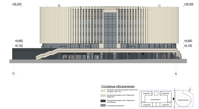 Multifunctional complex with apartments and a volleball arena. Facade in axes �-�. Sports complex � ABV Group