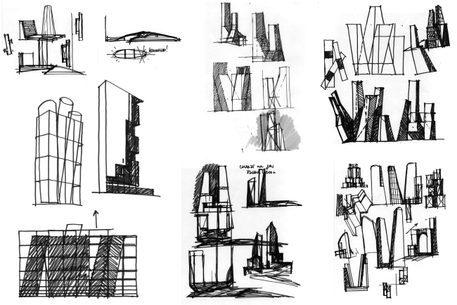 Housing complex with an underground parking garage on the Krasnopresnenskaya Embankment. Sketches  Sergey Skuratov Architects