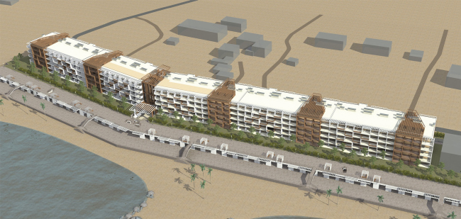 The project of an apratment hotel in Gelendzhik. Perspective view. Overview of the south facade  Ginsburg Architects