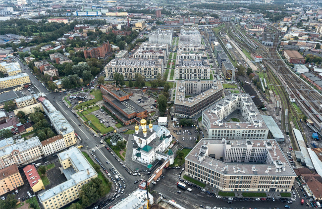Tsarskaya Stolitsa housing complex. A drone photo