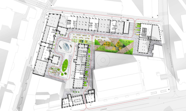 Competition project for renovating the Sytin Printworks into a premium-class apartment and housing complex. Masterplan. Version 1. Private for the residents of the complex  Kleinewelt Architekten