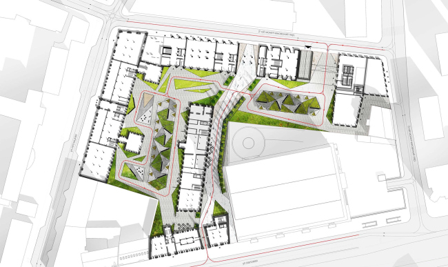 Competition project for renovating the Sytin Printworks into a premium-class apartment and housing complex. Masterplan. Version 2. Private for the residents but with a large public space  Kleinewelt Architekten