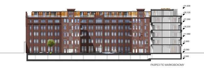 Competition project for renovating the Sytin Printworks into a premium-class apartment and housing complex. Tolstoy building as seen from the yard � Kleinewelt Architekten