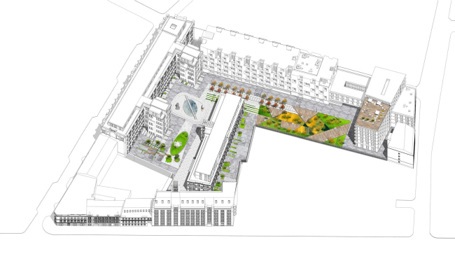 Competition project for renovating the Sytin Printworks into a premium-class apartment and housing complex. Version 1. Axonometry  Kleinewelt Architekten