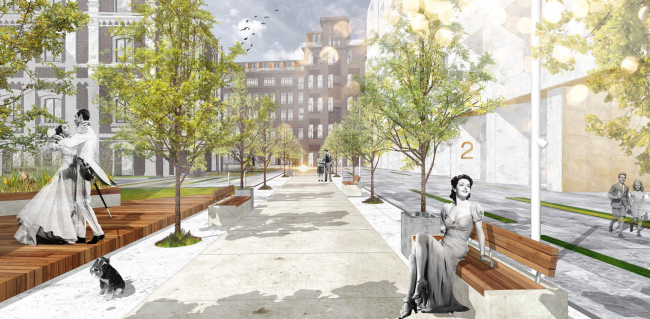 Competition project for renovating the Sytin Printworks into a premium-class apartment and housing complex. Landscaping. Version 1 � Kleinewelt Architekten