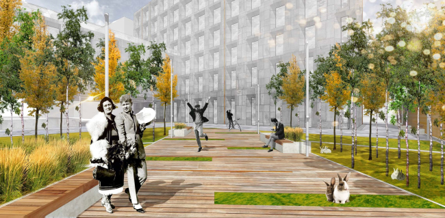 Competition project for renovating the Sytin Printworks into a premium-class apartment and housing complex. Landscaping. Version 1  Kleinewelt Architekten