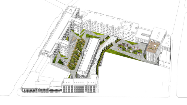 Competition project for renovating the Sytin Printworks into a premium-class apartment and housing complex. Version 2. Axonometry  Kleinewelt Architekten