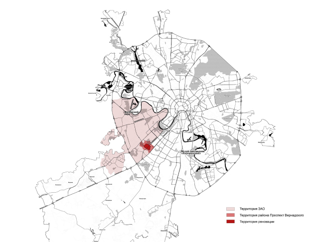 Concept of reorganizing City Blocks 32-33 and 34-35 in the area of the Vernadskogo Avenue. Location plan  Ginsburg Architects + Mosproject