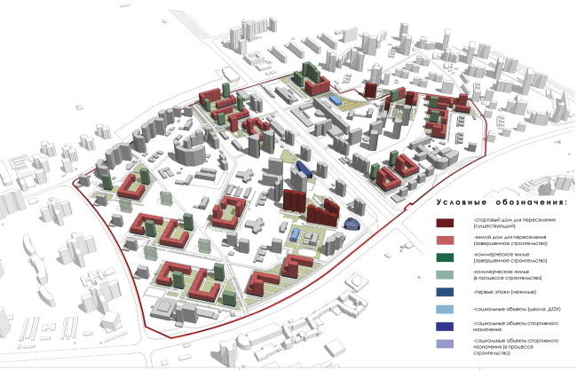 Concept of reorganizing City Blocks 32-33 and 34-35 in the area of the Vernadskogo Avenue. Wave migration. The stage of building the commercial housing stock  Ginsburg Architects + Mosproject