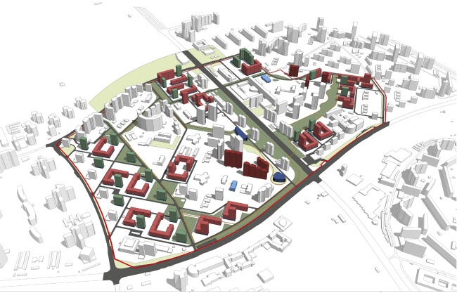 Concept of reorganizing City Blocks 32-33 and 34-35 in the area of the Vernadskogo Avenue. Plan of the Boulevard Ring  Ginsburg Architects + Mosproject