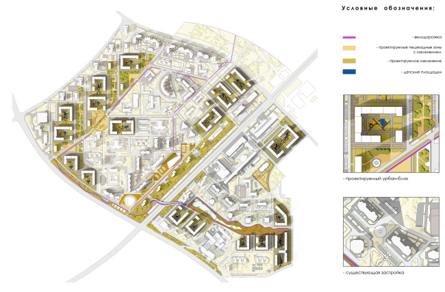 Concept of reorganizing City Blocks 32-33 and 34-35 in the area of the Vernadskogo Avenue. Landscaping plan  Ginsburg Architects + Mosproject