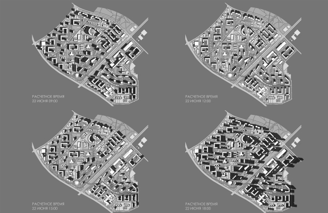 Concept of reorganizing City Blocks 32-33 and 34-35 in the area of the Vernadskogo Avenue. Shadow map  Ginsburg Architects + Mosproject