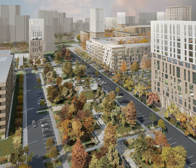 Concept of reorganizing City Blocks 32-33 and 34-35 in the area of the Vernadskogo Avenue. Visualization. View of the little park  Ginsburg Architects + Mosproject