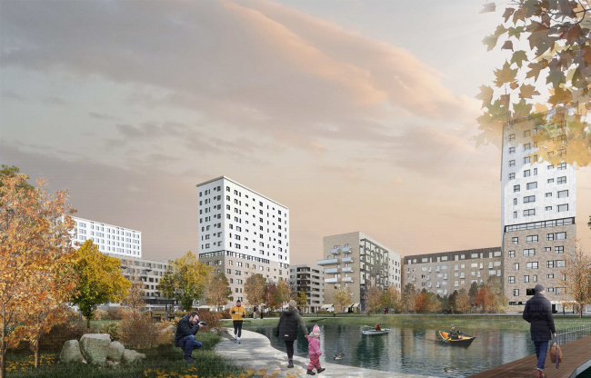 Concept of reorganizing City Blocks 32-33 and 34-35 in the area of the Vernadskogo Avenue. Visualization. View of the park � Ginsburg Architects + Mosproject