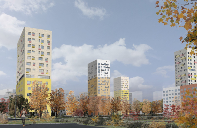 Concept of reorganizing City Blocks 32-33 and 34-35 in the area of the Vernadskogo Avenue. Visualization. View of the city block � Ginsburg Architects + Mosproject