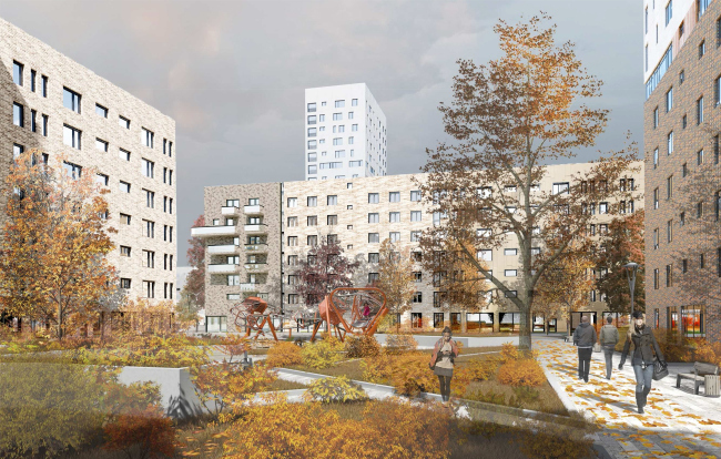 Concept of reorganizing City Blocks 32-33 and 34-35 in the area of the Vernadskogo Avenue. Visualization. View of the yard � Ginsburg Architects + Mosproject